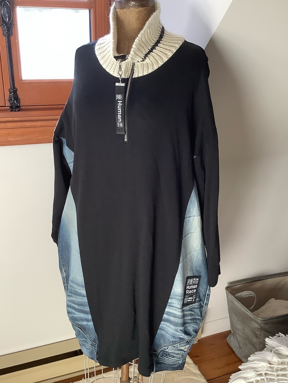 Women's Black Zip-Up Sweater with Cream Ribbed Collar